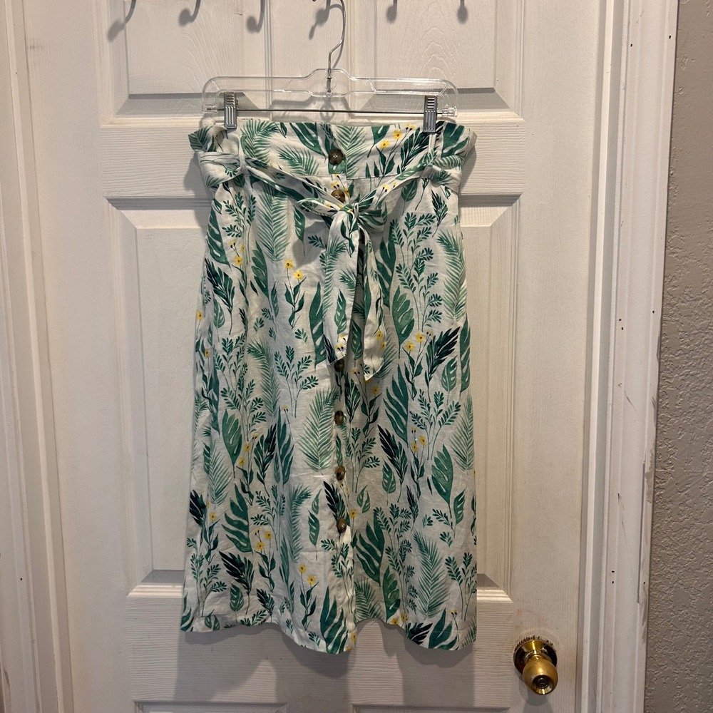 C & C California Women Linen Tropical‎ Botanical Leaf Print Button Midi Skirt L